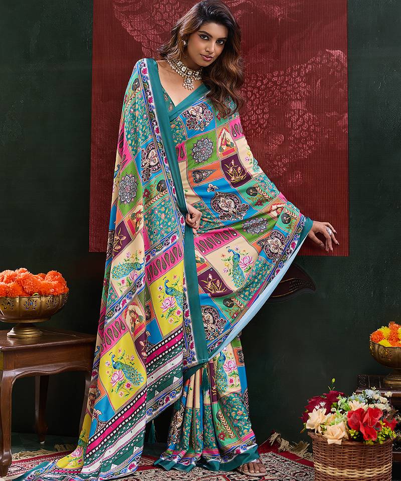 multicolor digital print mirror work crepe kalamkari saree with blouse