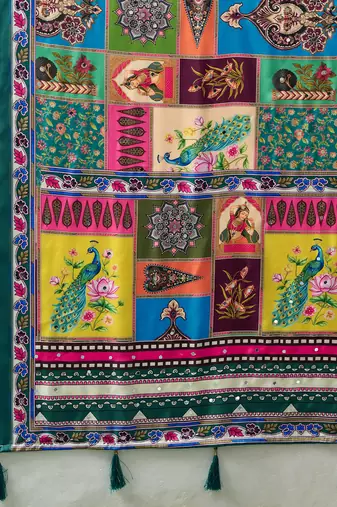 multicolor digital print mirror work crepe kalamkari saree with blouse