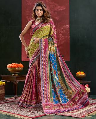 multicolor digital print mirror work crepe kalamkari saree with blouse 1