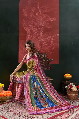 multicolor digital print mirror work crepe kalamkari saree with blouse