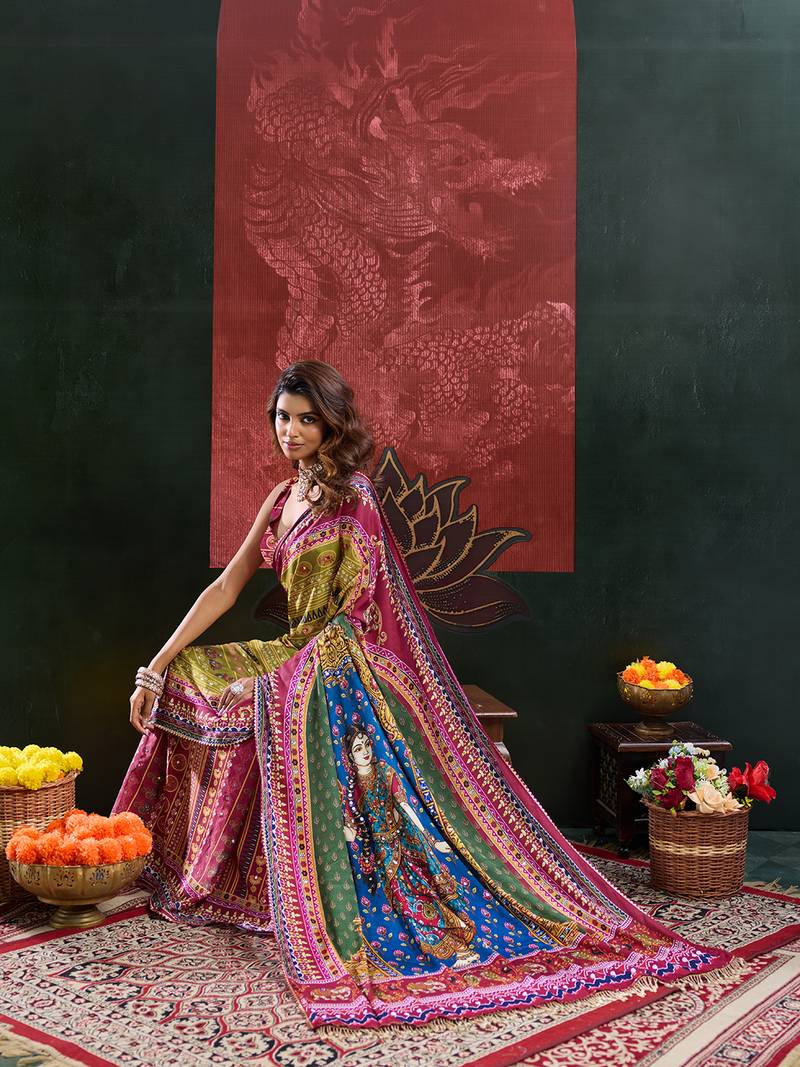 multicolor digital print mirror work crepe kalamkari saree with blouse