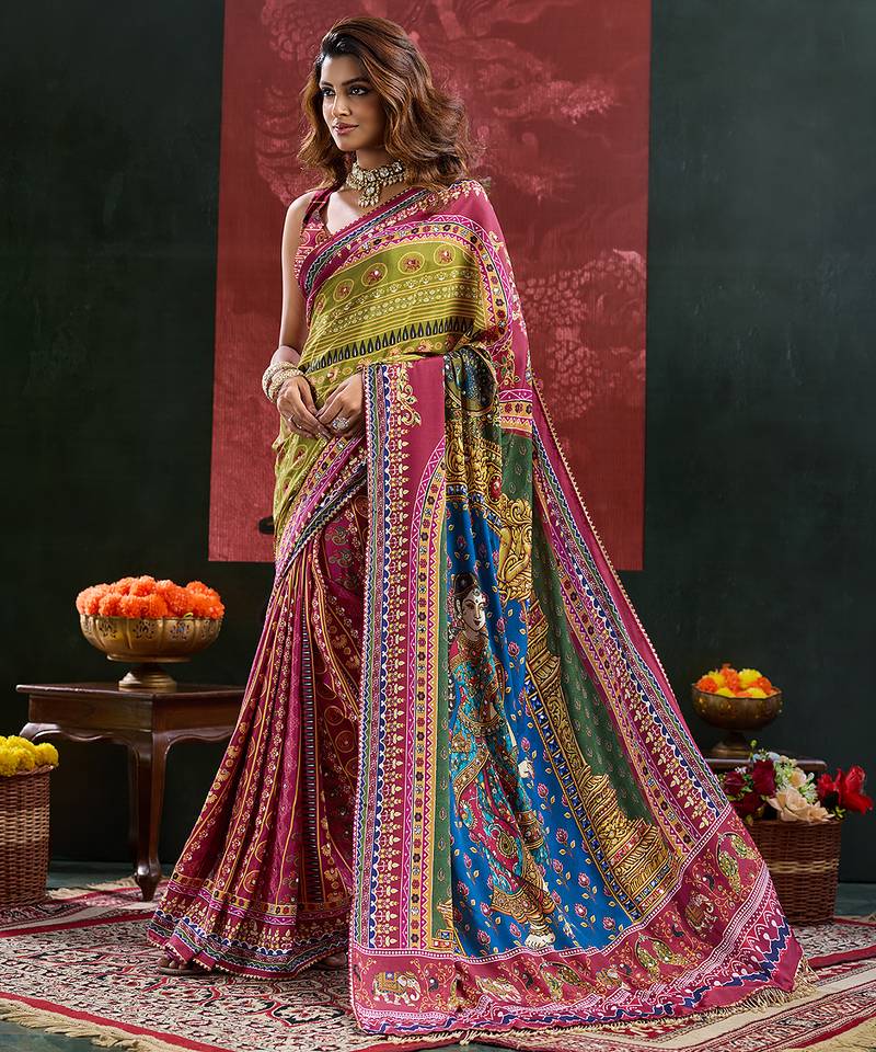 multicolor digital print mirror work crepe kalamkari saree with blouse