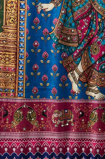 multicolor digital print mirror work crepe kalamkari saree with blouse