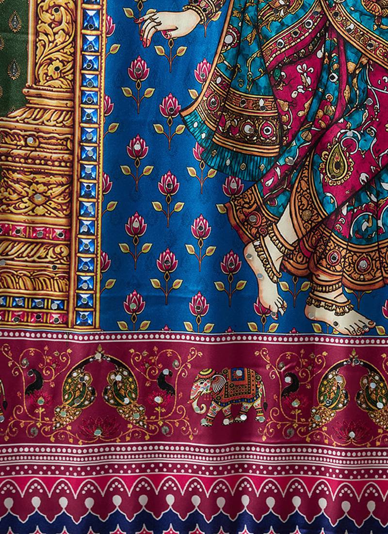 multicolor digital print mirror work crepe kalamkari saree with blouse