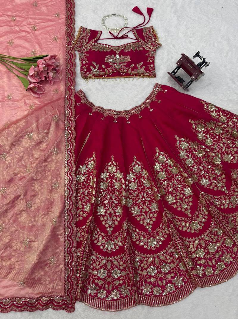 pink chanderi silk thread with sequence designer lehenga choli