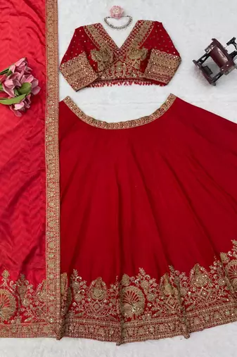 red chinon silk coding with sequence designer lehenga choli