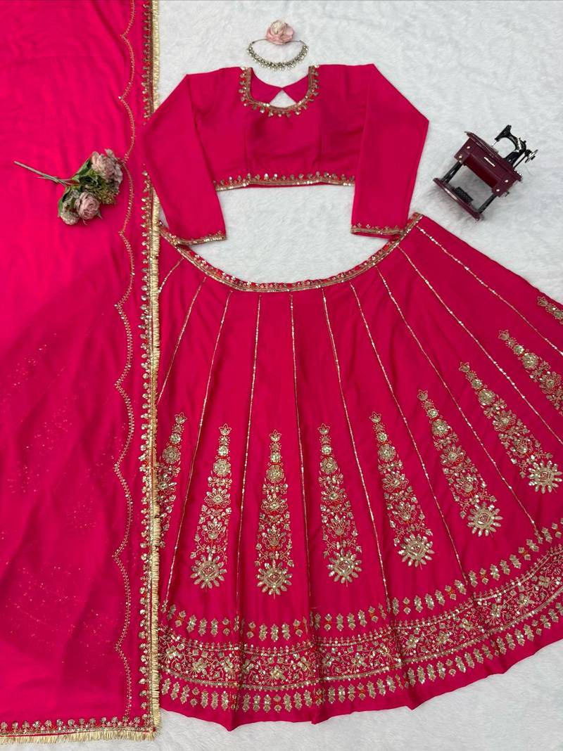 rani pinik chinon silk thread with sequence designer lehenga choli