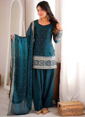 Teal green embroidered silk kurta set with farshi salwar & dupatta 1