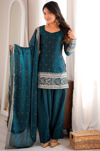 Teal green embroidered silk kurta set with farshi salwar & dupatta