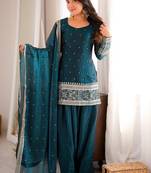 Teal green embroidered silk kurta set with farshi salwar & dupatta