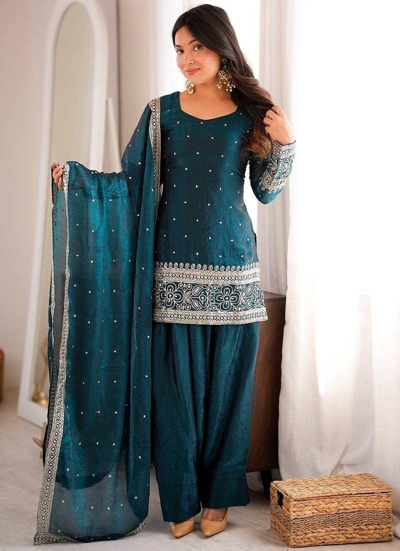 Teal green embroidered silk kurta set with farshi salwar & dupatta