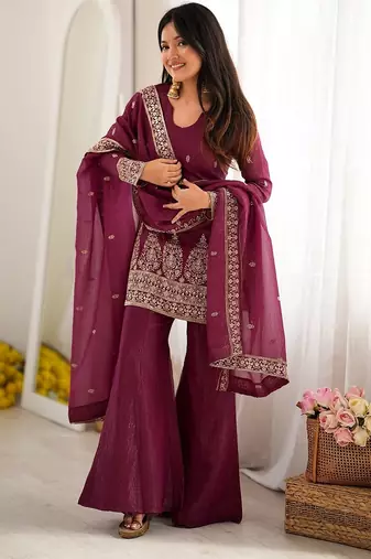 Wine embroidered kurti with bell bottom pant and dupatta set