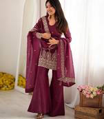 Wine embroidered kurti with bell bottom pant and dupatta set