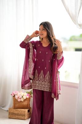 Wine embroidered kurti with bell bottom pant and dupatta set 2
