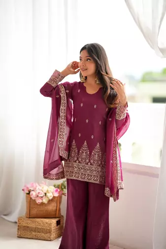 Wine embroidered kurti with bell bottom pant and dupatta set