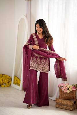 Wine embroidered kurti with bell bottom pant and dupatta set 3