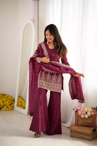 Wine embroidered kurti with bell bottom pant and dupatta set