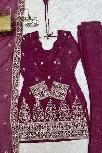 Wine embroidered kurti with bell bottom pant and dupatta set