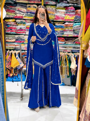 Royal blue mirror work short kurti with sharara pants and dupatta set for women 1