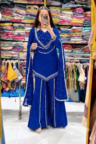 Royal blue mirror work short kurti with sharara pants and dupatta set for women
