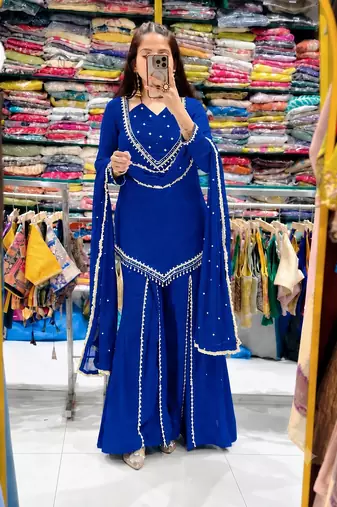 Royal blue mirror work short kurti with sharara pants and dupatta set for women