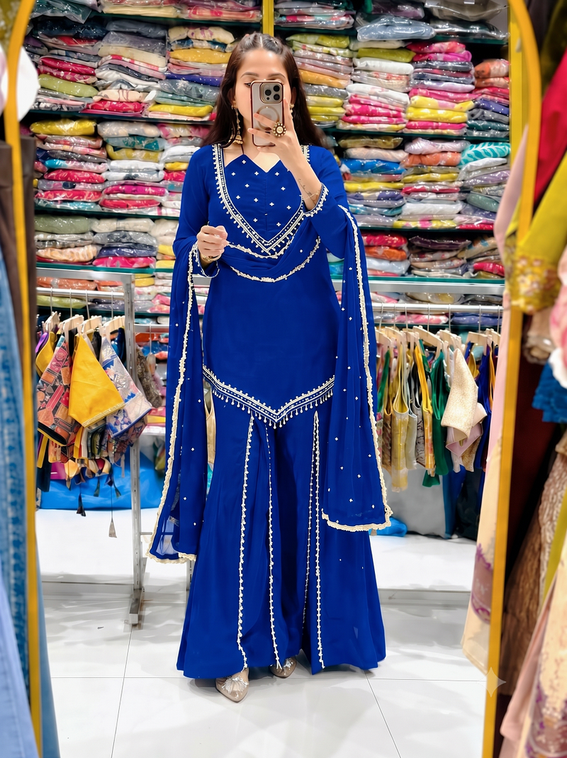 Royal blue mirror work short kurti with sharara pants and dupatta set for women