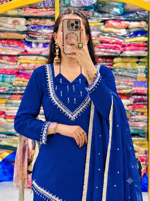 Royal blue mirror work short kurti with sharara pants and dupatta set for women 2