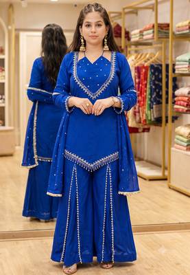 Royal blue mirror work short kurti with sharara pants and dupatta set for women 3