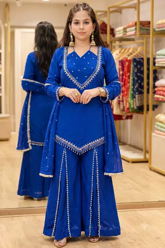 Royal blue mirror work short kurti with sharara pants and dupatta set for women