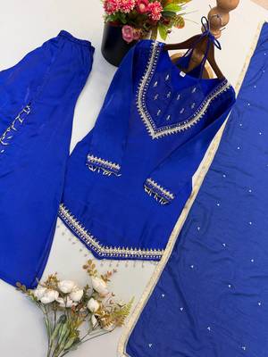 Royal blue mirror work short kurti with sharara pants and dupatta set for women 4