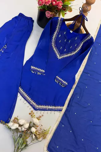 Royal blue mirror work short kurti with sharara pants and dupatta set for women