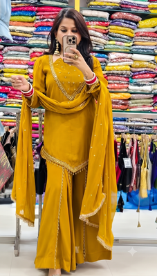Mustard mirror work short kurti with sharara pants and dupatta set for women 1