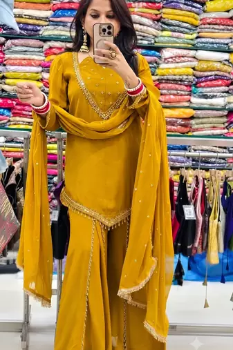 Mustard mirror work short kurti with sharara pants and dupatta set for women