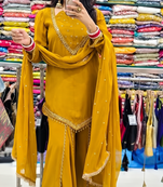 Mustard mirror work short kurti with sharara pants and dupatta set for women