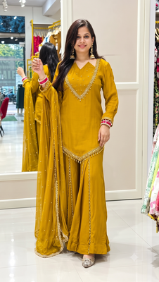 Mustard mirror work short kurti with sharara pants and dupatta set for women 2
