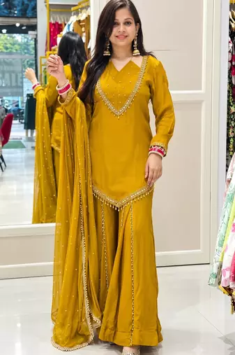 Mustard mirror work short kurti with sharara pants and dupatta set for women