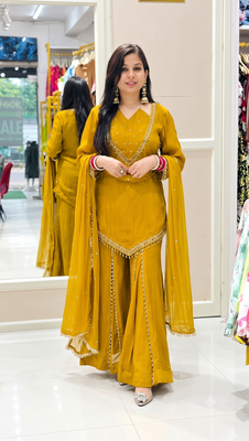 Mustard mirror work short kurti with sharara pants and dupatta set for women 3