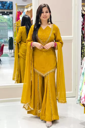 Mustard mirror work short kurti with sharara pants and dupatta set for women