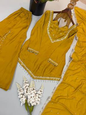 Mustard mirror work short kurti with sharara pants and dupatta set for women 4