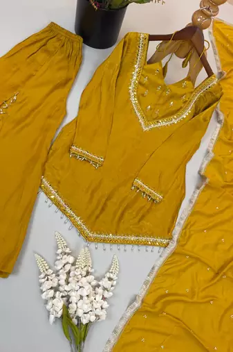 Mustard mirror work short kurti with sharara pants and dupatta set for women