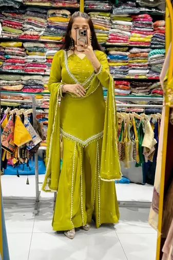 Olive mirror work short kurti with sharara pants and dupatta set for women
