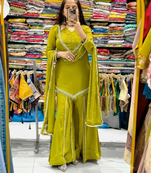 Olive mirror work short kurti with sharara pants and dupatta set for women