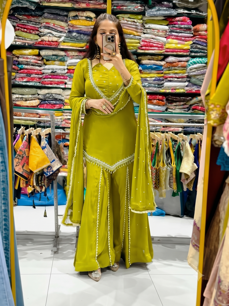 Olive mirror work short kurti with sharara pants and dupatta set for women