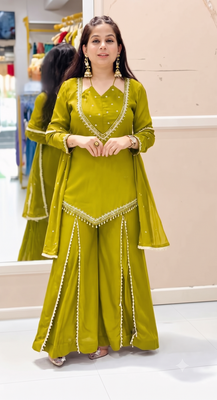 Olive mirror work short kurti with sharara pants and dupatta set for women 2