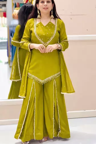 Olive mirror work short kurti with sharara pants and dupatta set for women