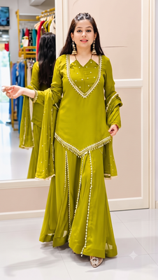 Olive mirror work short kurti with sharara pants and dupatta set for women 3