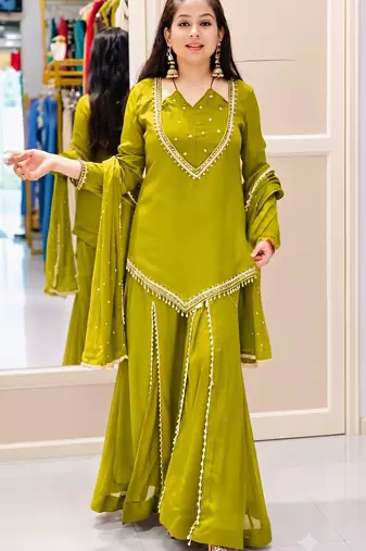Olive mirror work short kurti with sharara pants and dupatta set for women