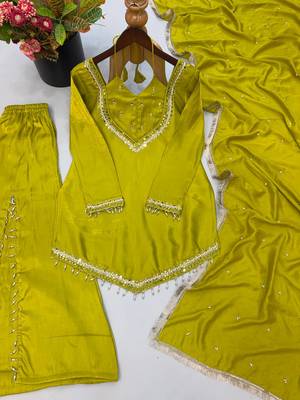 Olive mirror work short kurti with sharara pants and dupatta set for women 4