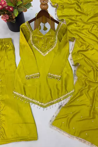 Olive mirror work short kurti with sharara pants and dupatta set for women