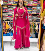 Orange mirror work short kurti with sharara pants and dupatta set for women
